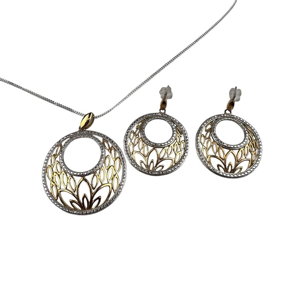 PAJ Sterling Silver Vermeil 18" Chain Necklace Openwork Leaf & Pierced Earrings